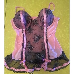 Victoria's Secret Sexy Little Things Pink W/ Black  Lace Overlay Babydoll Sz 36C